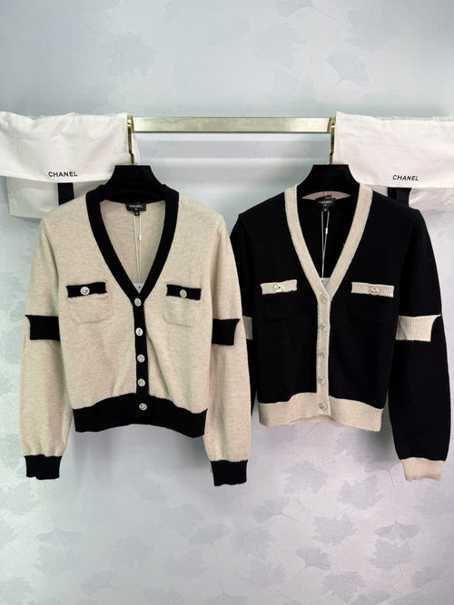 Chanel V-Neck Knit Cardigan with Bow Buttons, Crafted from Soft Merino Wool