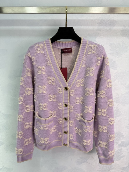 Gucci V-Neck Knitted Cardigan with Double-G Embroidered Pattern Decoration
