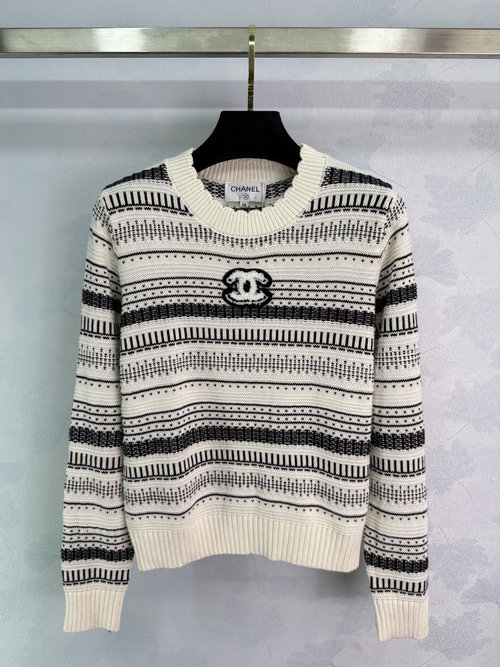 Chanel Classic Black and White Striped Sweater with Double C Logo Embroidery