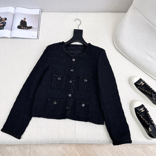 Chanel Black Knitted Collarless Coat with Waistline
