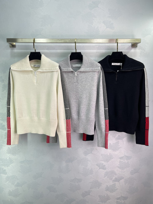 Dior Half-Zip Knit Cardigan with Classic Stripe and Red Hem Detail