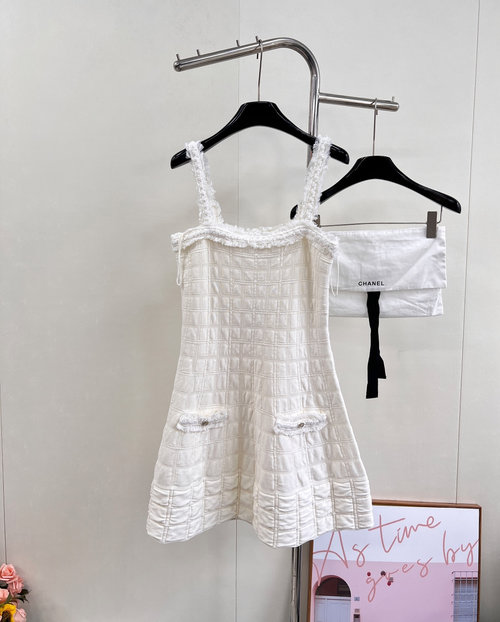 Chanel 25B Couture White Furry Checked Dress with Artisan Craftsmanship