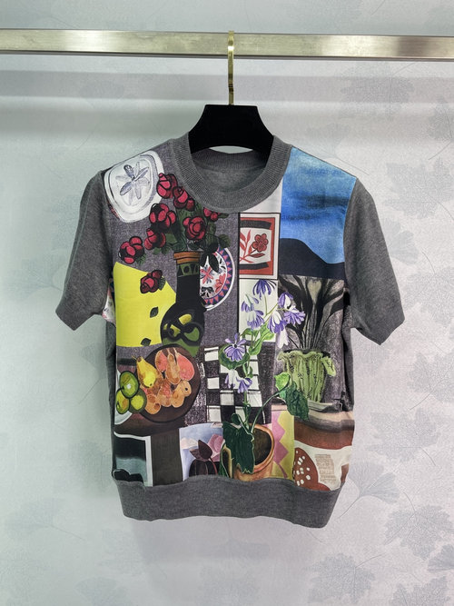 Chanel Printed Knit Round Neck Short Sleeve Blouse with Artistic Patchwork