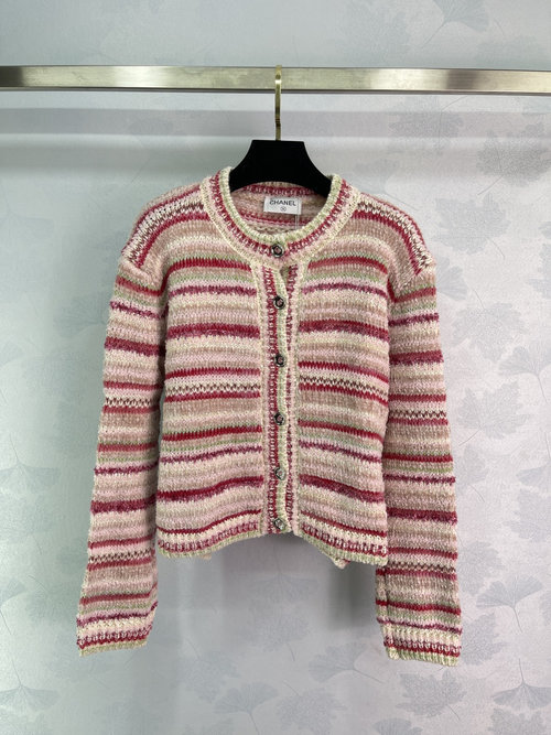 Chanel Striped Knit Cardigan in Soft Wool - Strawberry Cake Colors - Refined Appeal