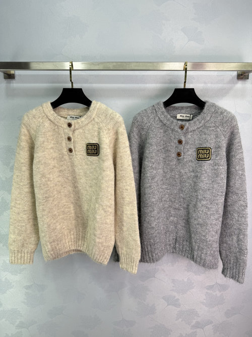 Miu Miu Knitted Top with Wool Blend and Golden Logo Embroidery, Loose Fit