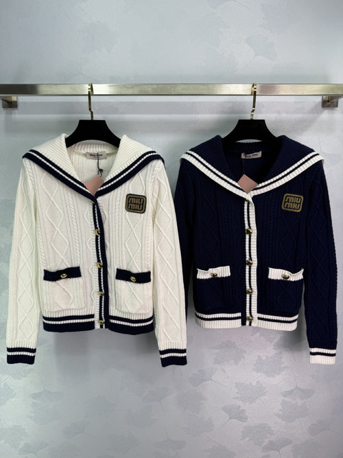 Miu Miu Navy Collared Knitted Zip Cardigan with Logo and Contrast Trim