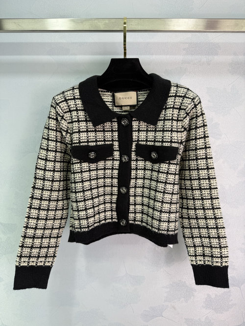 Gucci Black and White Checked Knitted Cardigan with Double G Buttons