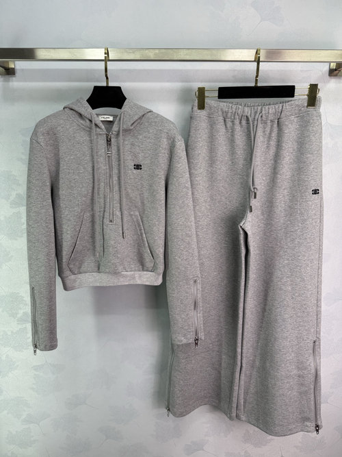 Celine Hooded Zip-up Sweatshirt and Wide-Leg Pants Set with Custom Zippers
