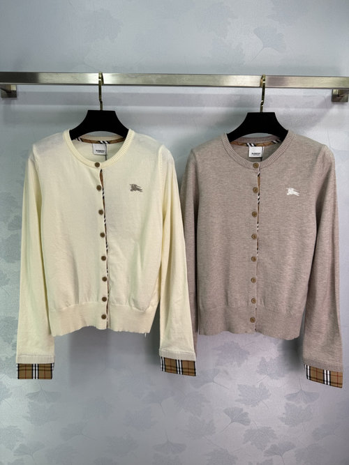 Burberry Round Neck Knit Cardigan with Classic Checkered Cuffs and Horse Embroidery