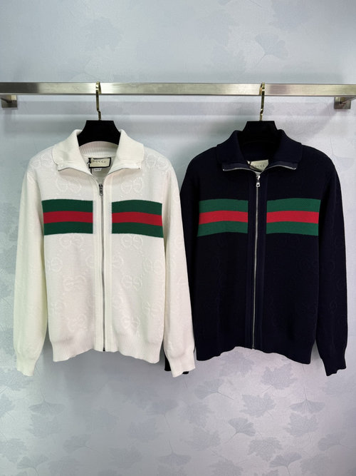 Gucci Zipper Long-Sleeve Cardigan with Double G Pattern and Colorful Webbing