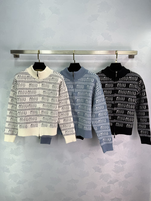 Miu Miu Color-Block Striped Stand Collar Long Sleeve Cardigan with Zip