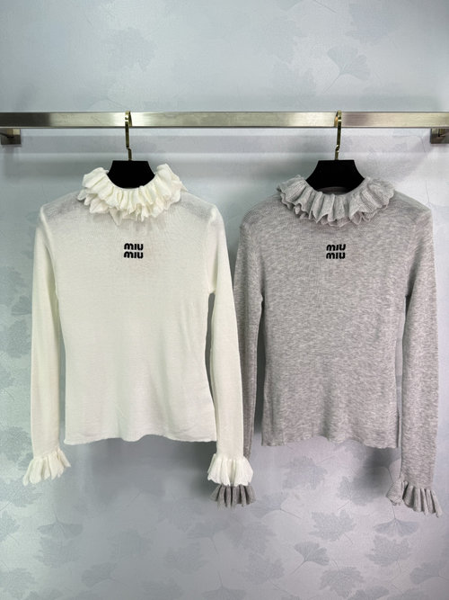 Miu Miu Long Sleeve Knit Top with Ruffled Lotus Collar