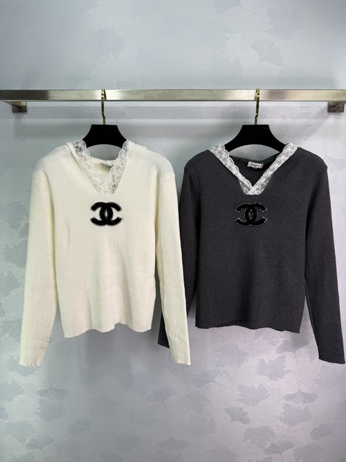 Chanel Hooded Lace Knit Long-Sleeve Sweater with Double C Logo