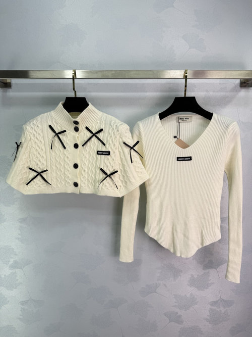 Miu Miu Bow-Detailed Cape Knit Long Sleeve Set with Embroidered Logo