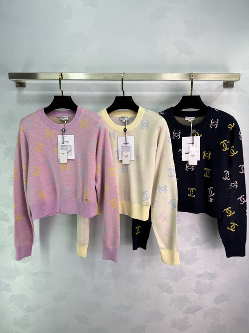 Chanel Classic Double C Logo Printed Crew Neck Sweater with Wool Fabric