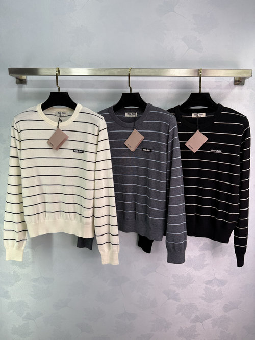 Miu Miu Round Neck Knitwear with Color Block Stripes and Logo Embroidery