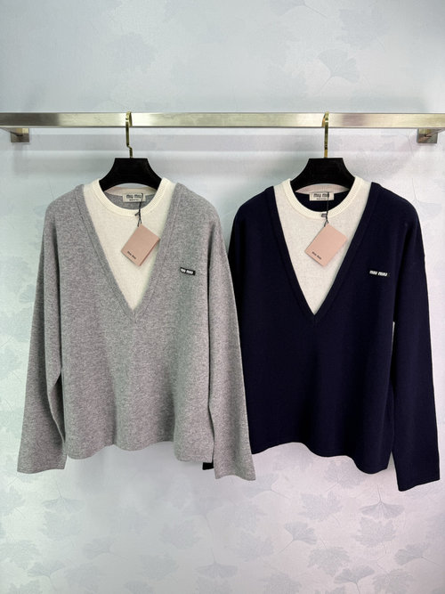 Miu Miu Small Logo-Embroidered V-Neck Knit Sweater with White Inner Layer