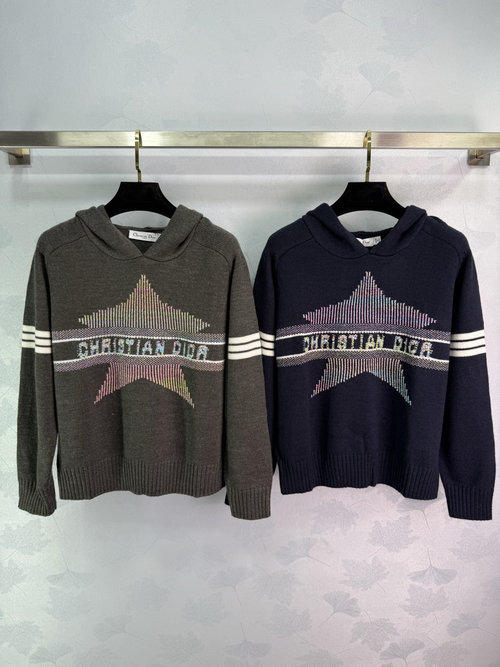 Dior Hooded Knit Top with Star Pattern, Warm and Fashionable