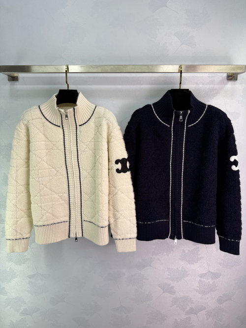 Celine Stylish Stand - Collar Double - Zip Diamond Knit Cardigan