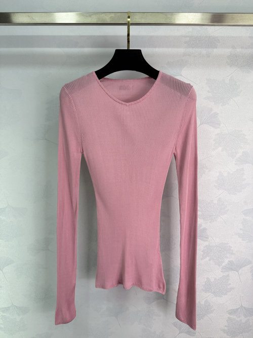 Miu Miu Silky Transparent Sweater with Ribbed Texture and Logo Label