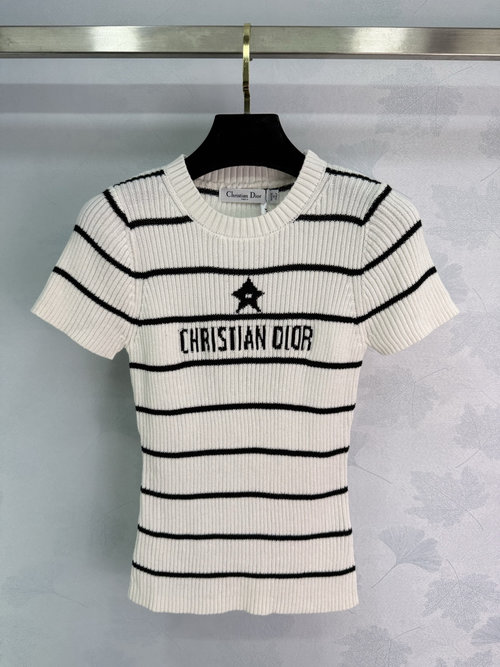 Dior Black and White Striped Knit Short-sleeved Top with Star Embellishment