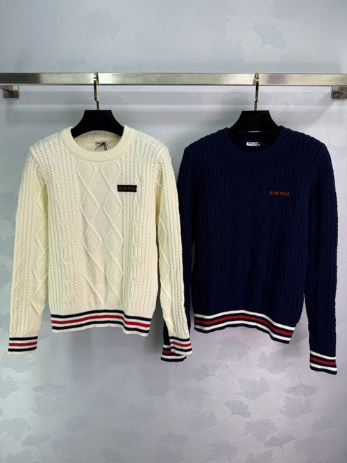 Miu Miu Romantic Cable-Knit Sweater with Elastic Band and Letter Decoration