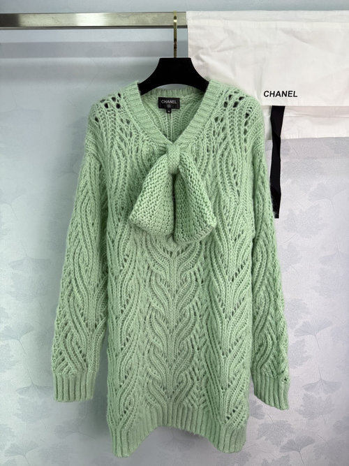 Chanel Bow-Detail Long Sweater Dress with Diamond Lace Pattern