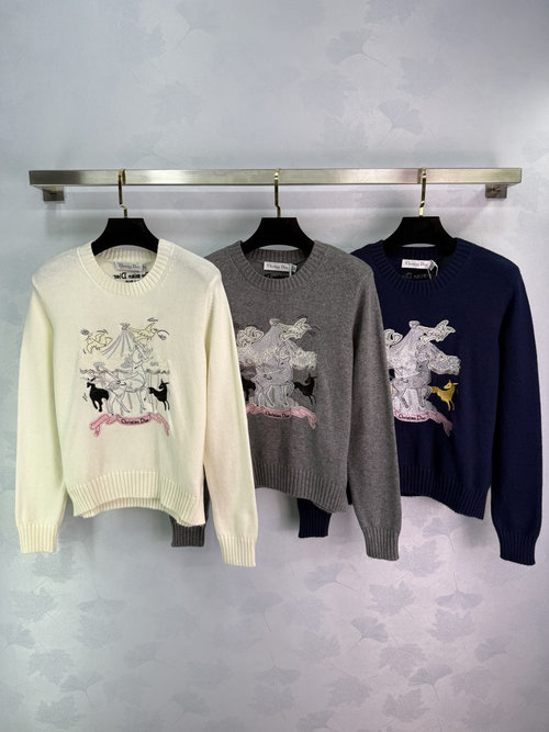 Dior Round - Neck Embroidered Knit Sweater with Animal Design, High - Quality