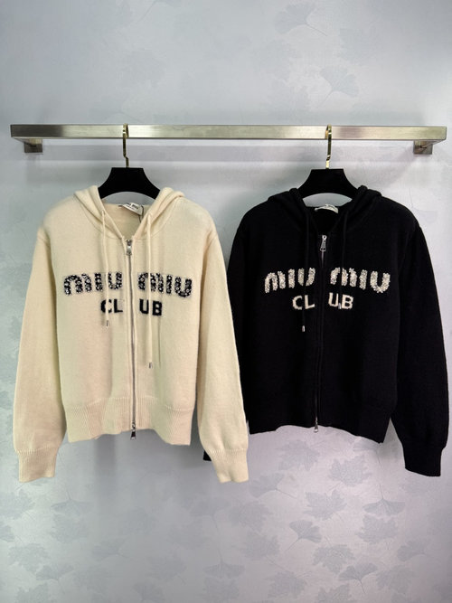 Miu Miu Cotton Knit Hooded Zip Cardigan with Letter Logo for Casual Occasions
