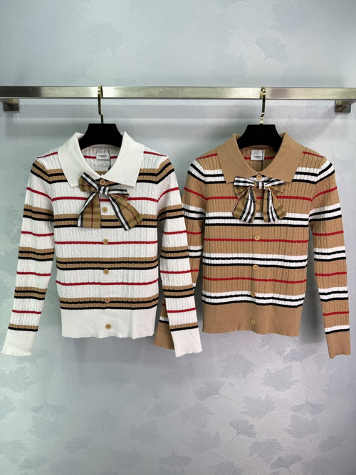 Burberry Striped Knit Cardigan with Plaid Bow and Sophisticated Collar