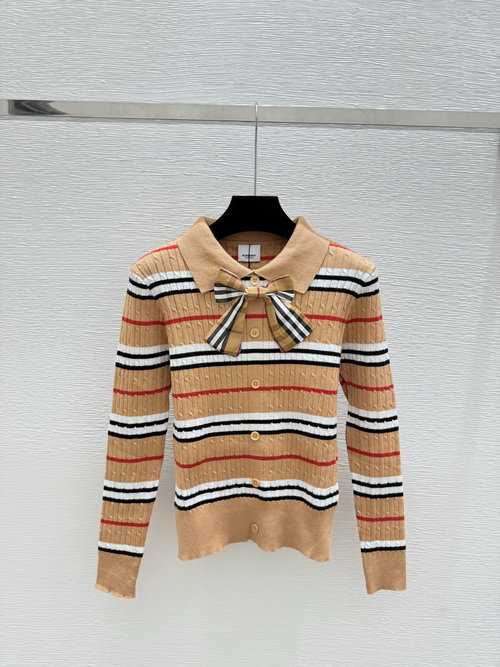 Burberry Lapel Bow Checked Cardigan with Detachable Bow Pin in Multiple Colors