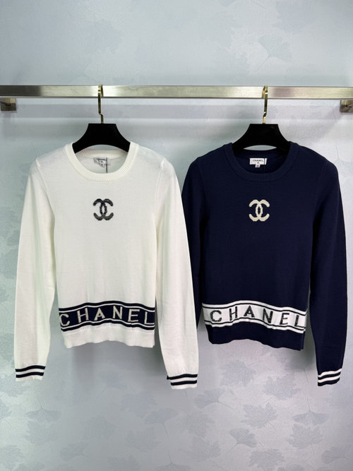 Chanel Elevated Knit Pullover Sweater with Double C Logo and Letter Accents