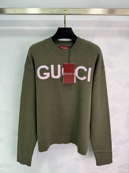 Gucci Vintage Military Green Sweater with Lavender Logo Accentuation