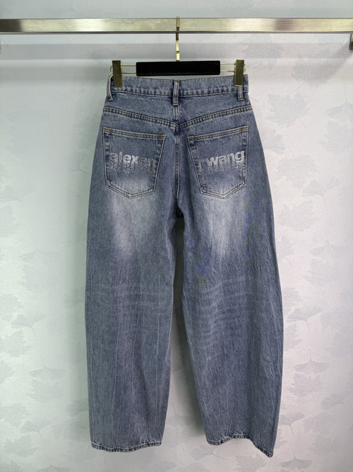 Alexander Wang Laser Logo Denim Cargo Pants, Custom Cotton, Diamond Embellishment, Straight Silhouette