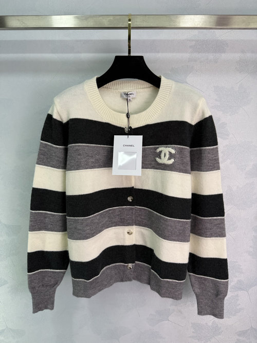 Chanel Round - Neck Striped Knit Cardigan, Simple yet Sophisticated