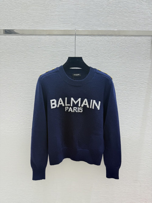 Balmain Solid-color Knit Long-sleeve with Letter Jacquard and Round Neck