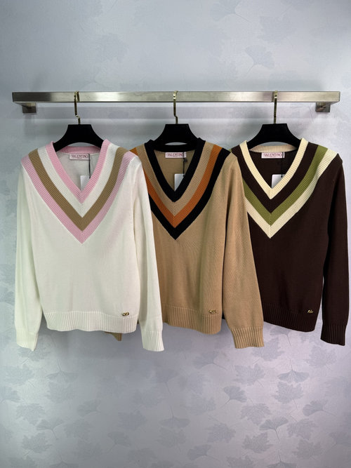 Valentino Customized Wool V - Neck Long - Sleeve Sweater with Heart - Shaped Stripes
