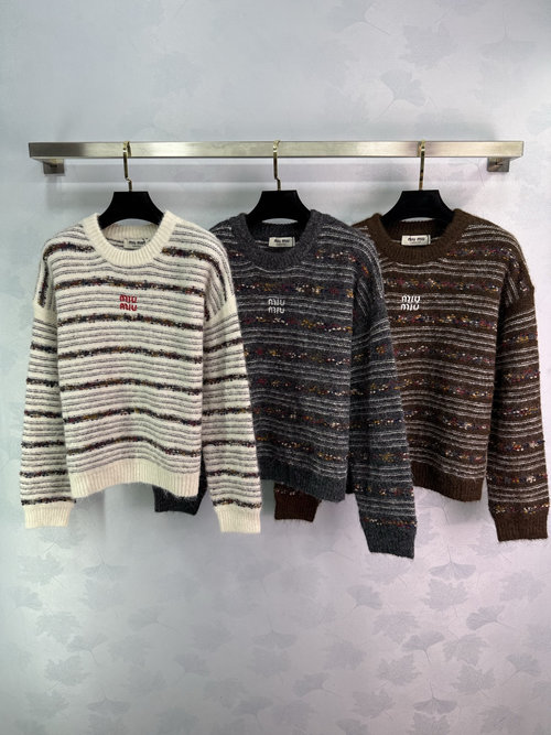 Miu Miu Striped Round Neck Long Sleeve Sweater with Embroidered Letter Logo, Relaxed Fit