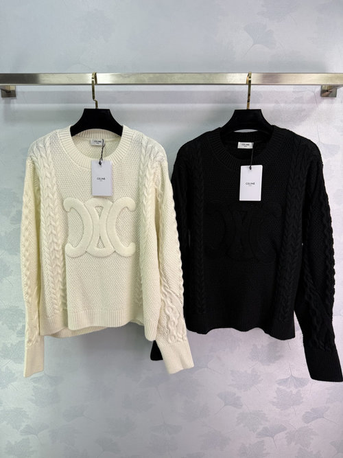 Celine Long-sleeved Knit Sweater with Classic Logo Relief and Aran-style Cuffs