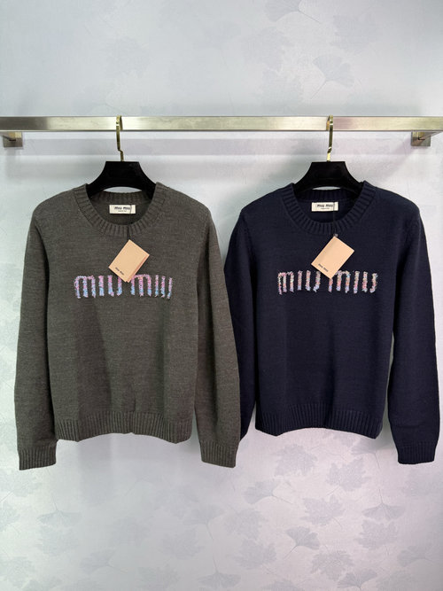 Miu Miu Colorful Letter Embroidered Round Neck Pullover
