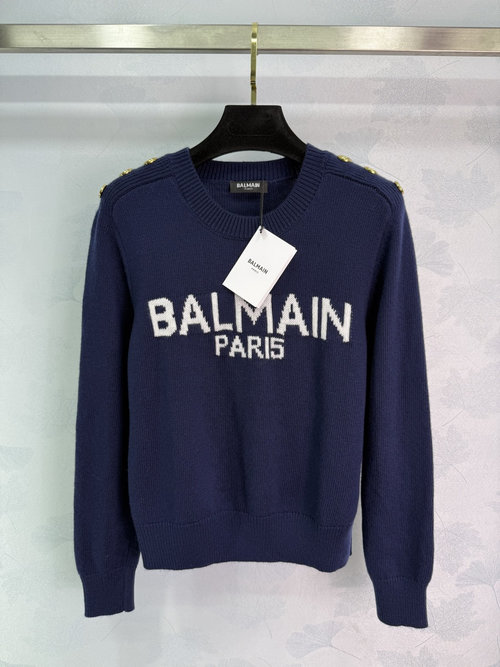 Balmain Deep Blue Wool Sweater with White Letter Decoration