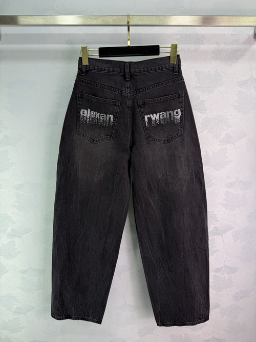 Alexander Wang Laser Logo Denim Cargo Pants, Custom Cotton, Diamond Embellishment, Straight Silhouette