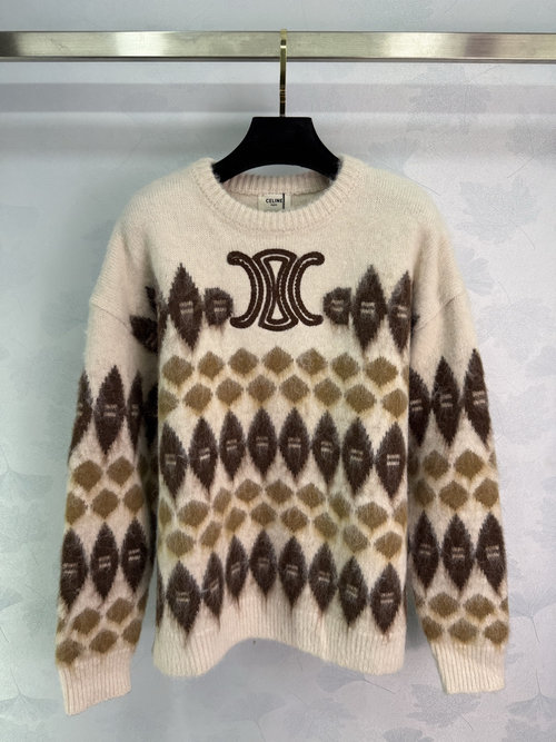 Celine Fair Isle Diamond Wave Patterned Knitted Sweater with Logo