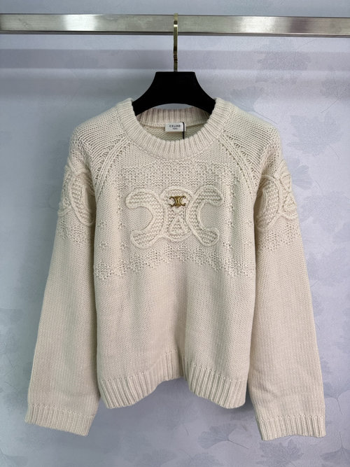 Celine Wool Blend Sweater with Embroidered Logo and Metal CC Buckle