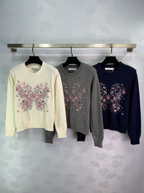 Dior Round-Neck Long-Sleeve Knit Top with Butterfly Embroidery, Versatile Wear