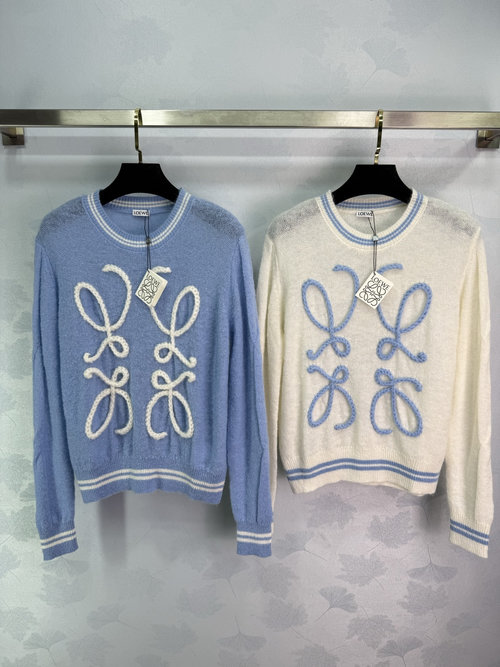 Loewe Three-dimensional Bow Knit Sweater with Blue and White Stripes