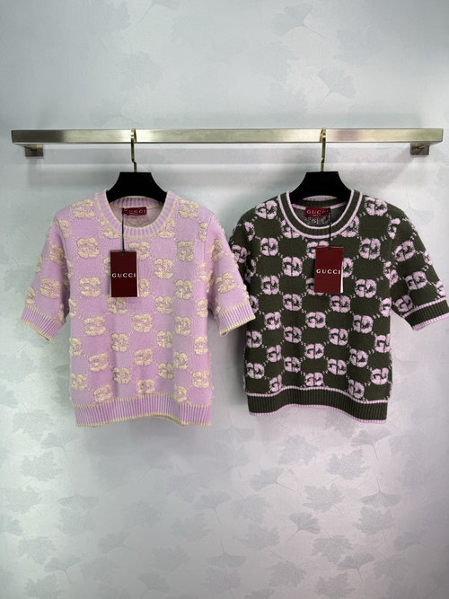 Gucci Round Neck Jacquard Knit Short Sleeve Premium Wool Garment