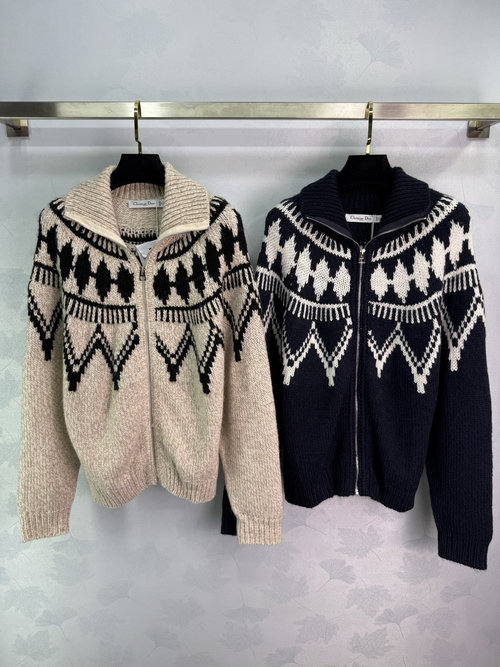 Dior Geometric Crochet Collared Long-Sleeve Cardigan, Soft and Sophisticated