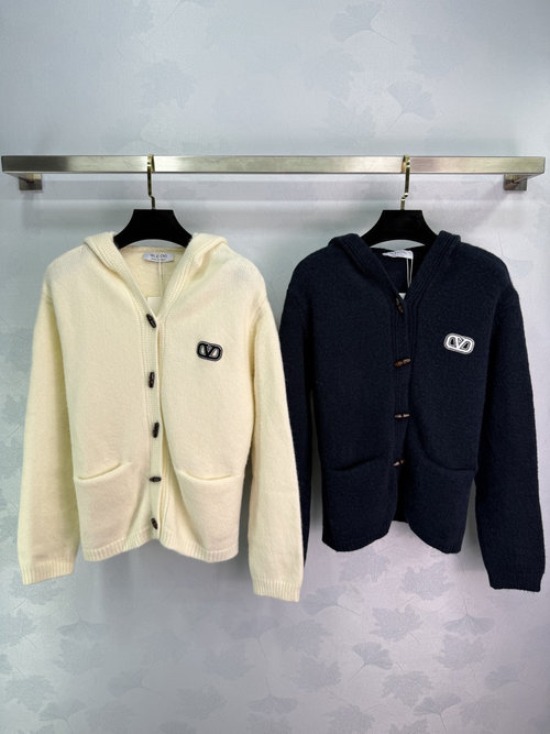 Valentino Hooded Knit Cardigan with Classic V Logo and Horn Buttons