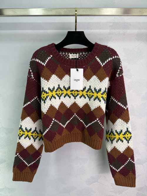 Celine Layered Crochet Round Neck Sweater with Fair Isle Pattern
